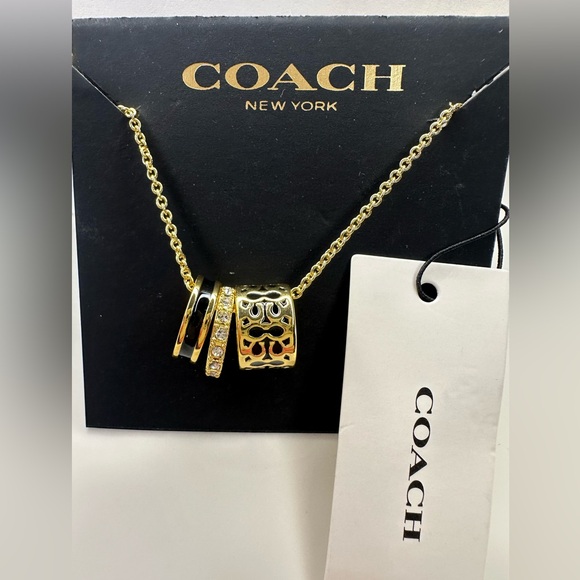 Coach Signature C Enamel Diamond Paved Gold Black 3 Charms Necklace NWT